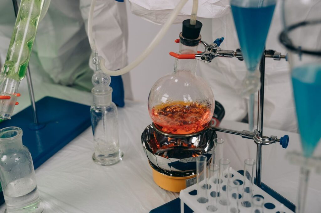 Close-up of a chemistry experiment setup with laboratory equipment.